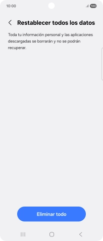 Pulsa Eliminar todo. Espera unos instantes mientras el teléfono restablece la configuración predeterminada. Sigue las indicaciones de la pantalla para configurar el teléfono y dejarlo listo para su uso.
