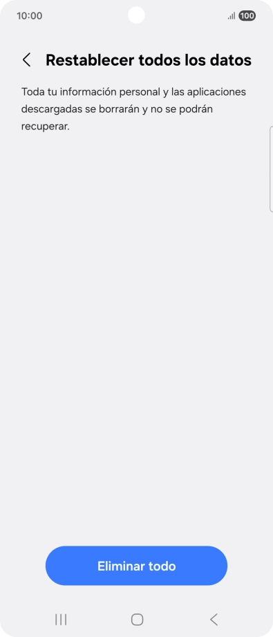 Pulsa Eliminar todo. Espera unos instantes mientras el teléfono restablece la configuración predeterminada. Sigue las indicaciones de la pantalla para configurar el teléfono y dejarlo listo para su uso.