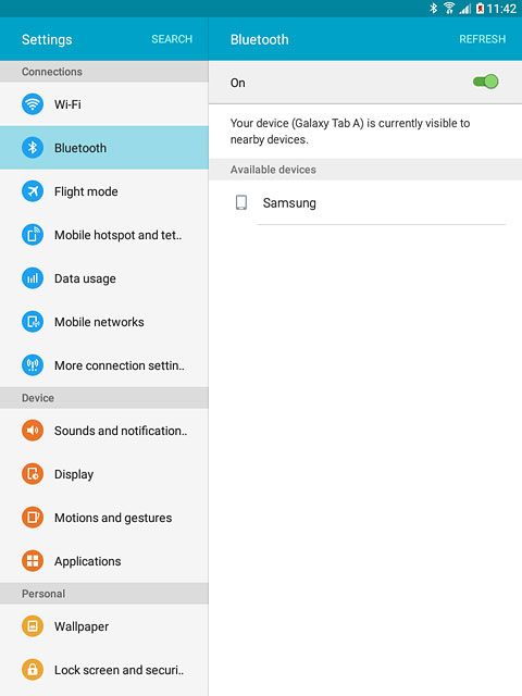 Make sure the other device is turned on and is ready to connect via Bluetooth.Your tablet searches for devices and after a moment, a list of Bluetooth devices within range is displayed.Press the required Bluetooth device.Follow the instructions on the display to pair the Bluetooth device with your tablet.The new device is displayed on the list of paired devices.