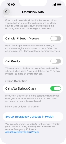 Press Set up Emergency Contacts in Health and follow the instructions on the screen to key in your emergency info and emergency contacts.