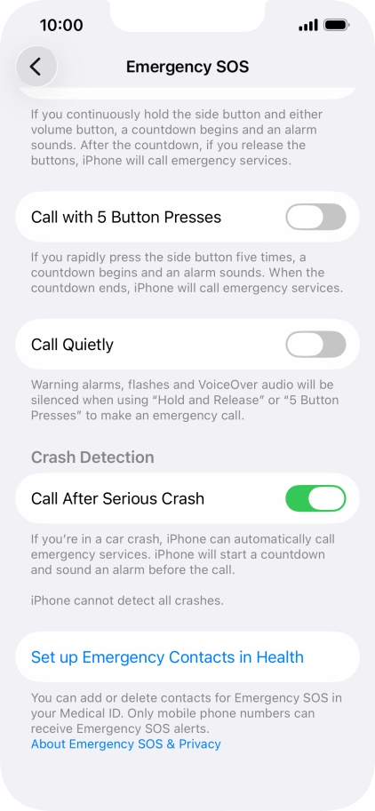Press Set up Emergency Contacts in Health and follow the instructions on the screen to key in your emergency info and emergency contacts.