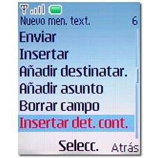 Vaya a Insertar det. cont. y pulse la tecla de navegación.Siga las indicaciones de la pantalla para insertar el nombre deseado.