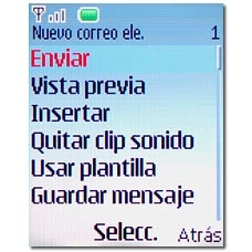 Vaya a Enviar y pulse la tecla de navegación.Espere unos instantes mientras el teléfono se conecta y se envía el correo electrónico.