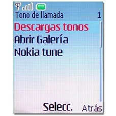Elija Descargas tonos (para descargar de Internet), Abrir Galería o Nokia tune y pulse la tecla de navegación.