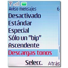 Elija el aviso deseado, Descargas tonos (para descargar de Internet) o Abrir Galería y pulse la tecla de navegación.