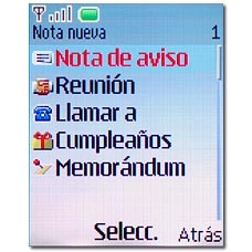 Elija Nota de aviso, Reunión, Llamar a, Cumpleaños o Memorándum y pulse la tecla de navegación.