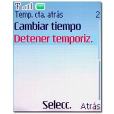 Vaya a Detener temporiz. y pulse la tecla de navegación.La cuenta atrás se interrumpe y el reloj se reinicia.