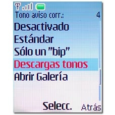 Elija el aviso deseado, Descargas tonos (para descargar de Internet) o Abrir Galería y pulse la tecla de navegación.