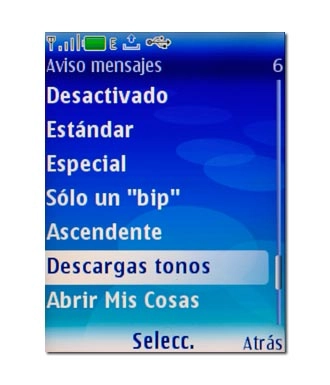 Elija el aviso deseado, Descargas tonos (para descargar de Internet) o Abrir Mis Cosas y pulse la tecla de navegación.