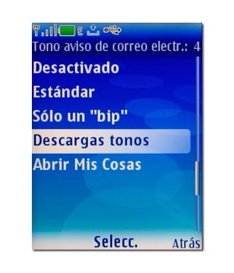 Elija el aviso deseado, Descargas tonos (para descargar de Internet) o Abrir Mis Cosas y pulse la tecla de navegación.