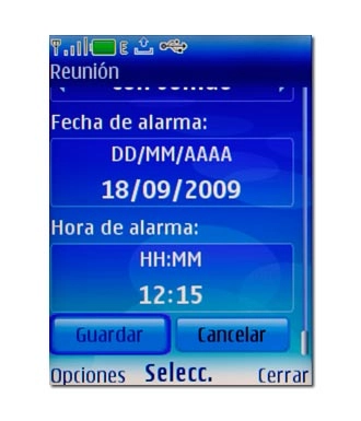 Introduzca los datos deseados para el tipo de cita seleccionado.Vaya a Guardar y pulse la tecla de navegación para guardar la cita.