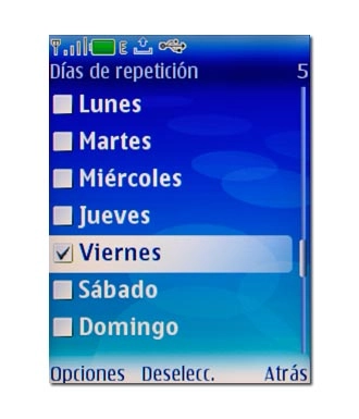 Cuando la casilla a la izquierda de un día de la semana está marcada con una V, el día está seleccionado.