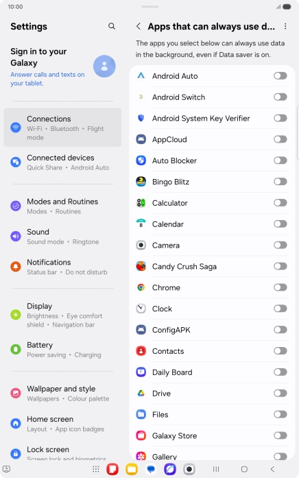 Press the indicators next to the required apps to turn the function on or off.