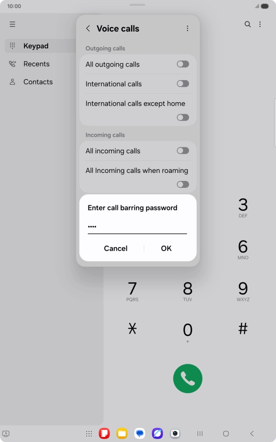 Key in your barring password and press OK. The default barring password is 1919.