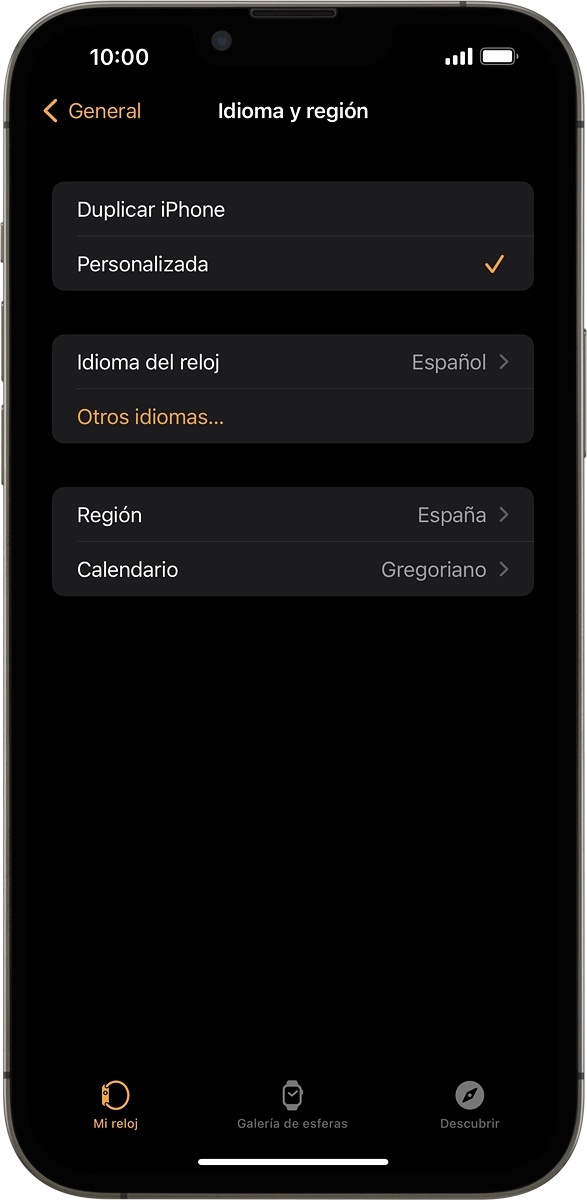 En el móvil: Pulsar Idioma del reloj.