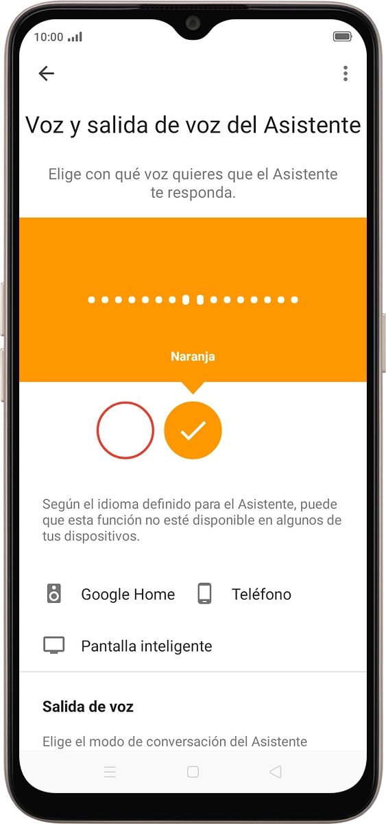 En el teléfono: Pulsa los círculos de colores para escuchar y seleccionar la voz deseada.