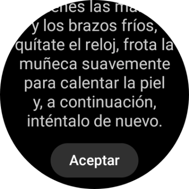 Pulsa Aceptar y espera mientra el smartwatch está midiendo la saturación de oxígeno en sangre.
