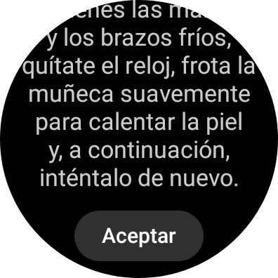 Pulsa Aceptar y espera mientra el smartwatch está midiendo la saturación de oxígeno en sangre.
