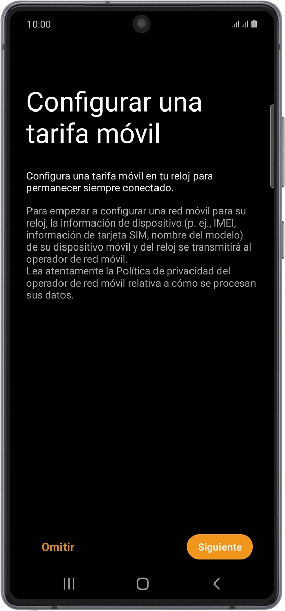 En el teléfono: Si deseas configurar los datos móviles en el smartwatch, sigue las indicaciones de la pantalla  para terminar la configuración.