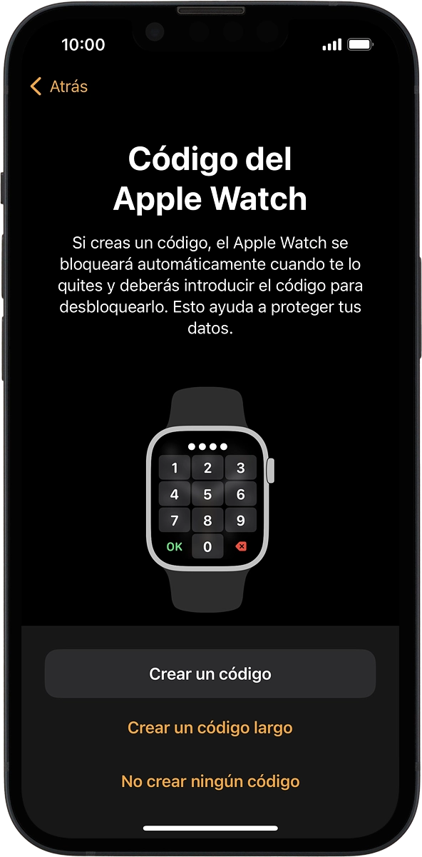 En el teléfono: Sigue las indicaciones de la pantalla para activar el uso del código de seguridad o pulsa No crear ningún código.