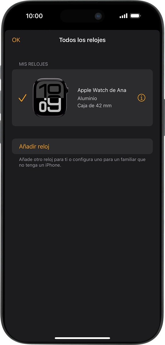 En el teléfono: Pulsa el icono de información al lado del nombre de tu Apple Watch.
