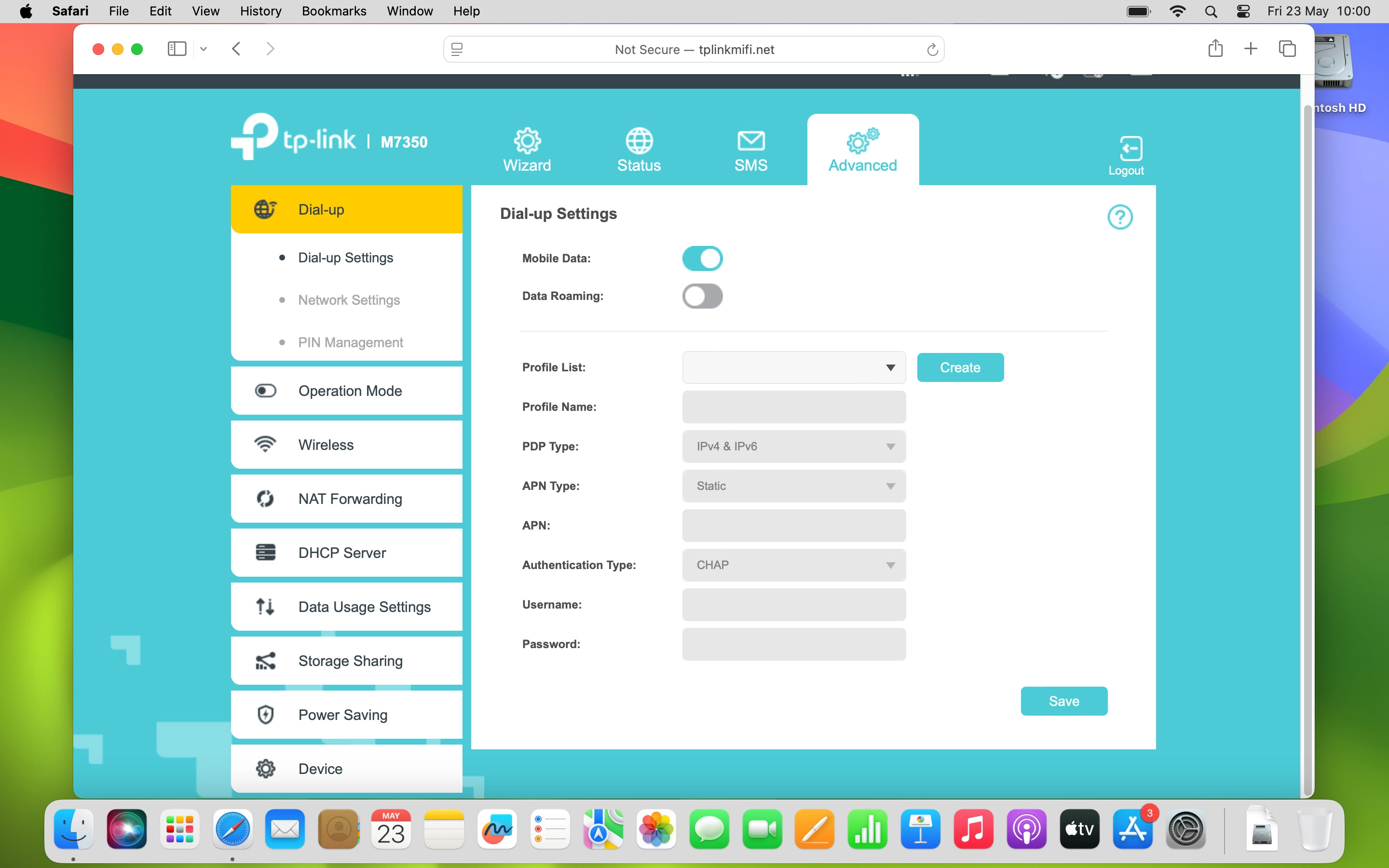 In Advanced you can change the router settings. You can select settings for your network connection and set up your router for internet, change name and password for your Wi-Fi hotspot and restore the factory default settings.