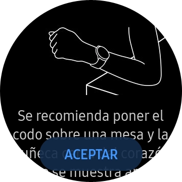 Pulsa Aceptar y espera mientra el smartwatch está midiendo la saturación de oxígeno en sangre.