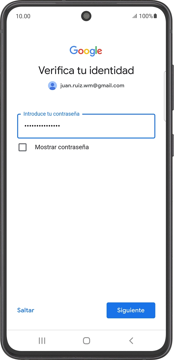 En el teléfono: Introduce la contraseña de tu cuenta de Google y pulsa Siguiente.