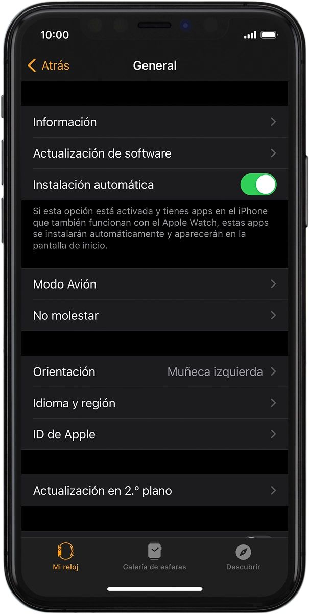 En el teléfono: Pulsa Actualización de software. Si hay una versión de software nueva disponible, aparecerá ahora en la pantalla. Sigue las indicaciones de la pantalla para actualizar el software del Apple Watch.