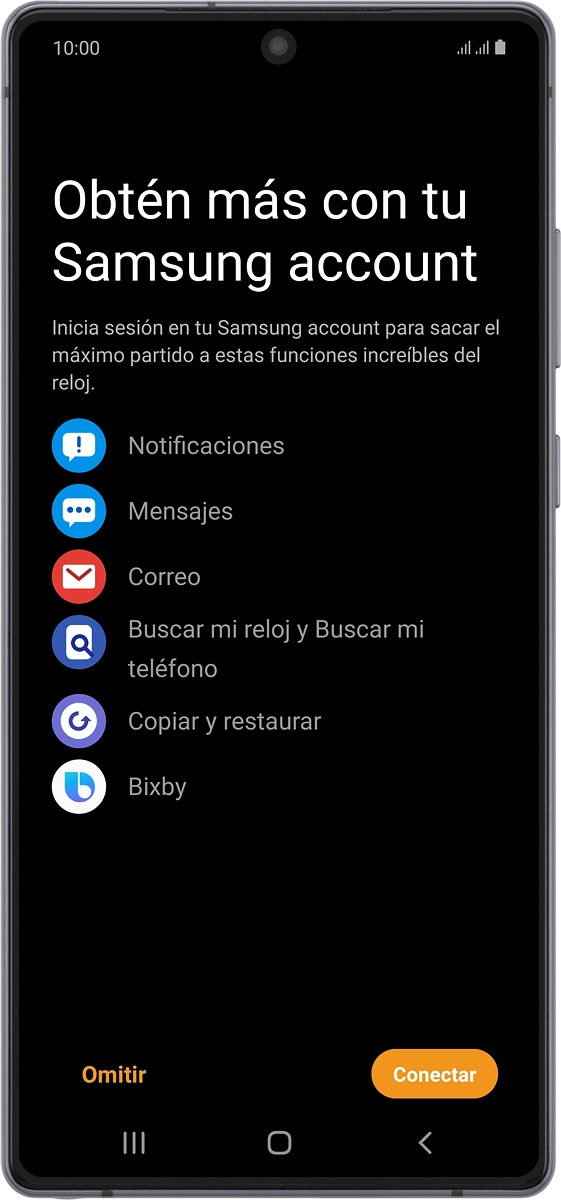 En el teléfono: Si deseas utilizar la cuenta Samsung, pulsa Conectar y sigue las indicaciones de la pantalla para iniciar sesión en tu cuenta Samsung.