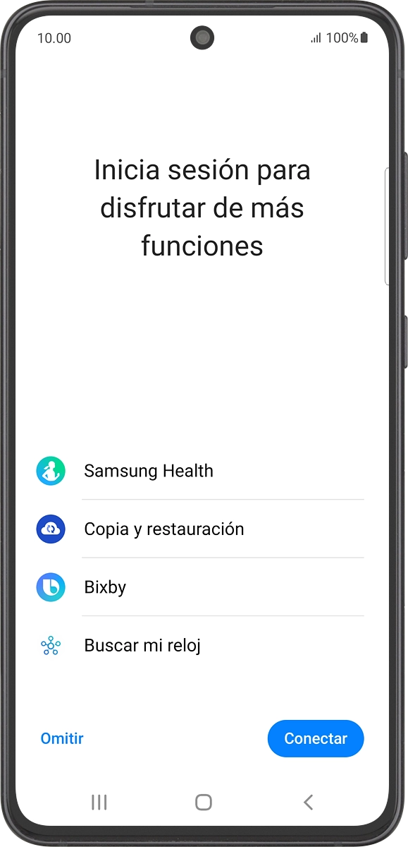En el teléfono: Pulsa Conectar y sigue las indicaciones de la pantalla para iniciar sesión en tu cuenta de Samsung o para crear una cuenta nueva si todavía no tienes una.
