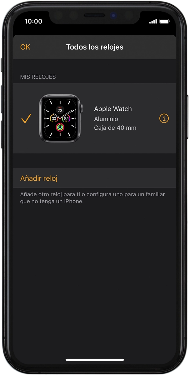 En el teléfono: Pulsa el icono de información al lado del nombre de tu Apple Watch.