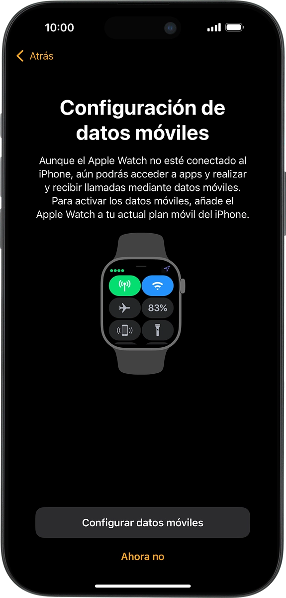 En el teléfono: Sigue las indicaciones de la pantalla para configurar los datos móviles en el Apple Watch o pulsa Ahora no.