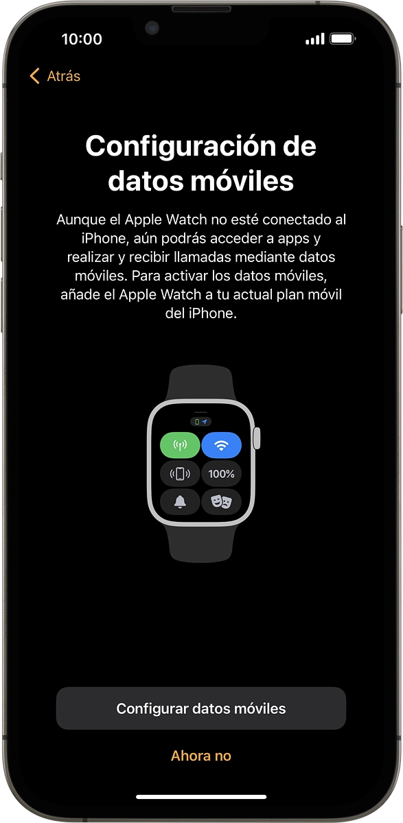 En el móvil: Seguir las indicaciones de la pantalla para configurar los datos móviles en el Apple Watch o pulsar Ahora no.