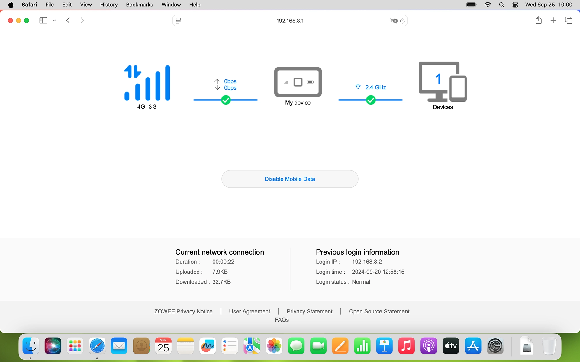 The internet connection information is displayed.