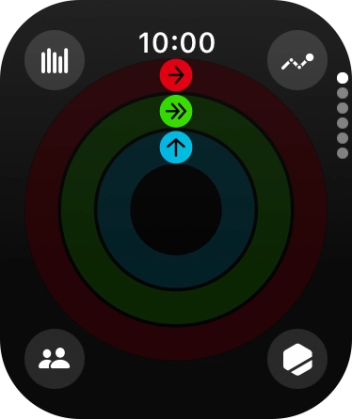 En la pantalla aparece cuánto tiempo te lleva realizar tus objetivos de actividad diaria. Cuando los círculos de color están cerrados, significa que has alcanzado los objetivos de tu actividad diaria.