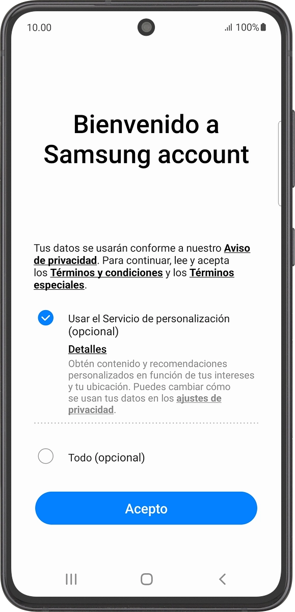 En el teléfono: Sigue las indicaciones de la pantalla para seleccionar los ajustes deseados y pulsa Acepto.