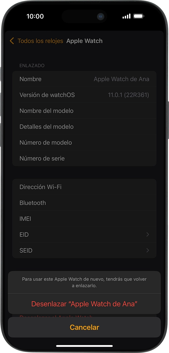 En el teléfono: Pulsa Desenlazar el Apple Watch y sigue las indicaciones de la pantalla para desvincular el Apple Watch del teléfono. Si el teléfono te lo pide, tienes que introducir la contraseña de tu ID de Apple.
