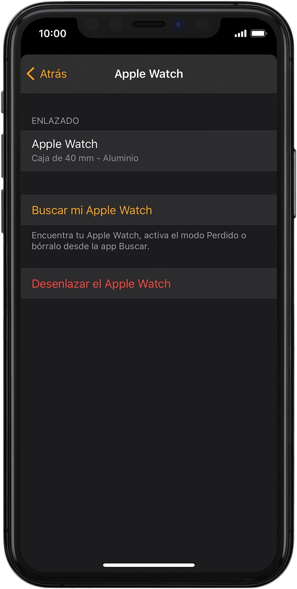 En el teléfono: Pulsa Buscar mi Apple Watch. Si el teléfono te lo pide, tienes que conectarte con tu ID de Apple.