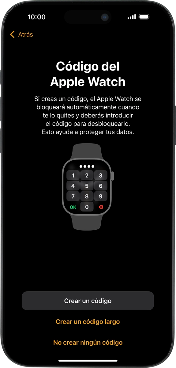 En el teléfono: Sigue las indicaciones de la pantalla para activar el uso del código de seguridad o pulsa No crear ningún código.