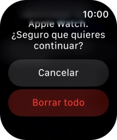 Pulsa Borrar todo. Espera unos instantes mientras el Apple Watch restablece la configuración predeterminada. Sigue las indicaciones de la pantalla para configurar el Apple Watch y dejarlo listo para su uso.