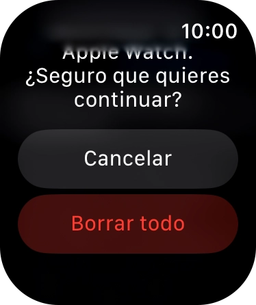 Pulsa Borrar todo. Espera unos instantes mientras el Apple Watch restablece la configuración predeterminada. Sigue las indicaciones de la pantalla para configurar el Apple Watch y dejarlo listo para su uso.