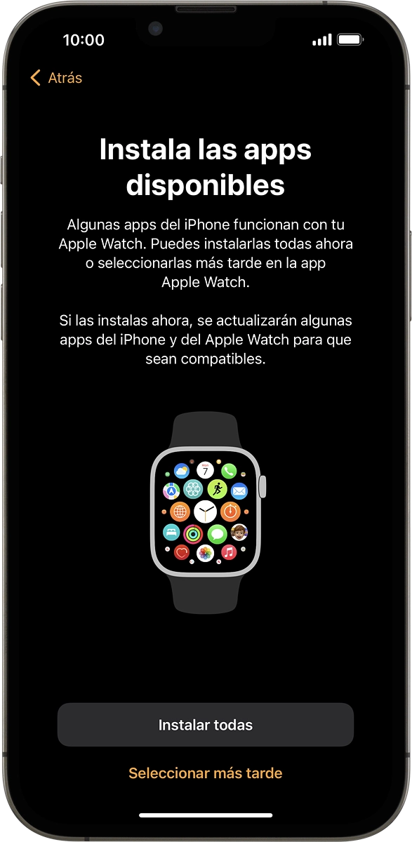 En el móvil: Pulsar Instalar todas para instalar apps compatibles del móvil al Apple Watch. Esperar un momento mientras se instalan las apps.