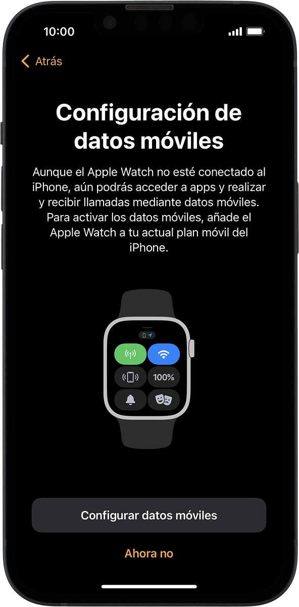 En el teléfono: Sigue las indicaciones de la pantalla para configurar los datos móviles en el Apple Watch o pulsa Ahora no.