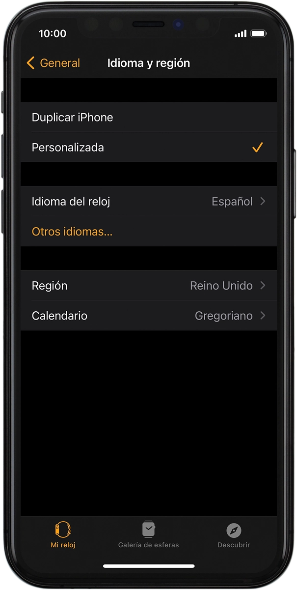 En el teléfono: Pulsa Idioma del reloj.