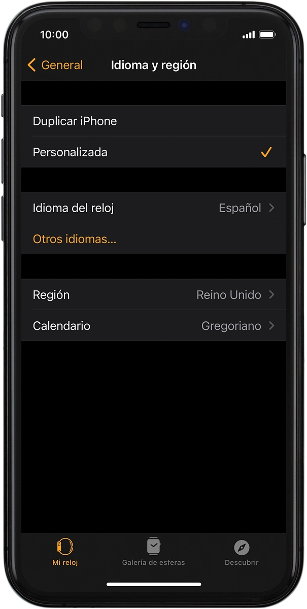 En el teléfono: Pulsa Idioma del reloj.