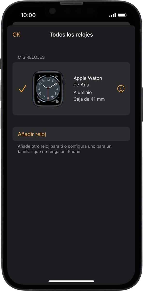 En el teléfono: Pulsa el icono de información al lado del nombre de tu Apple Watch.