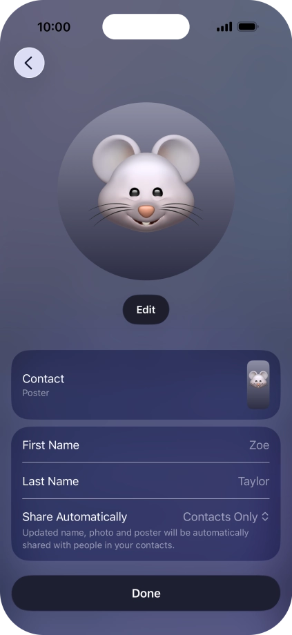Press the name fields and follow the instructions on the screen to edit your name on the Contact Poster.