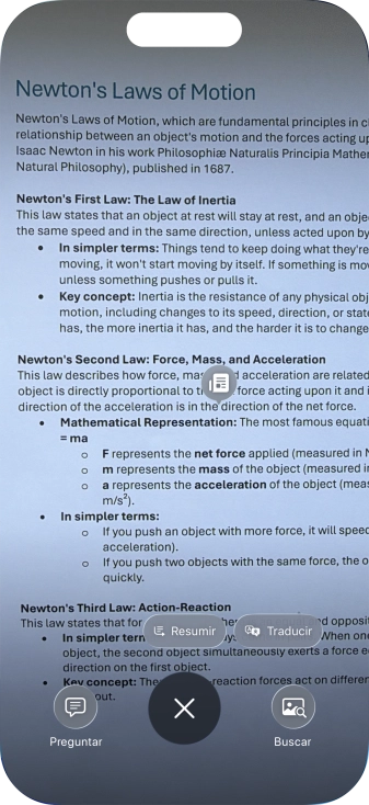 Para utilizar la inteligencia visual en un texto, fotografía el texto, pulsa el ajuste deseado y sigue las indicaciones de la pantalla para utilizar la función.
