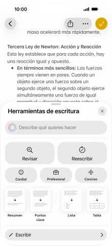 Pulsa Describe qué quieres hacer y escribe con tus propias palabras cómo quieres que se reescriba el texto. Sigue las indicaciones de la pantalla para utilizar la función.